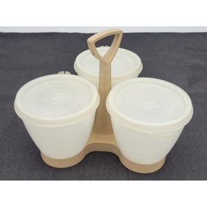 Tupperware 3 Condiment Caddy Server Set with Lids Beige Tan 757-2 Vintage